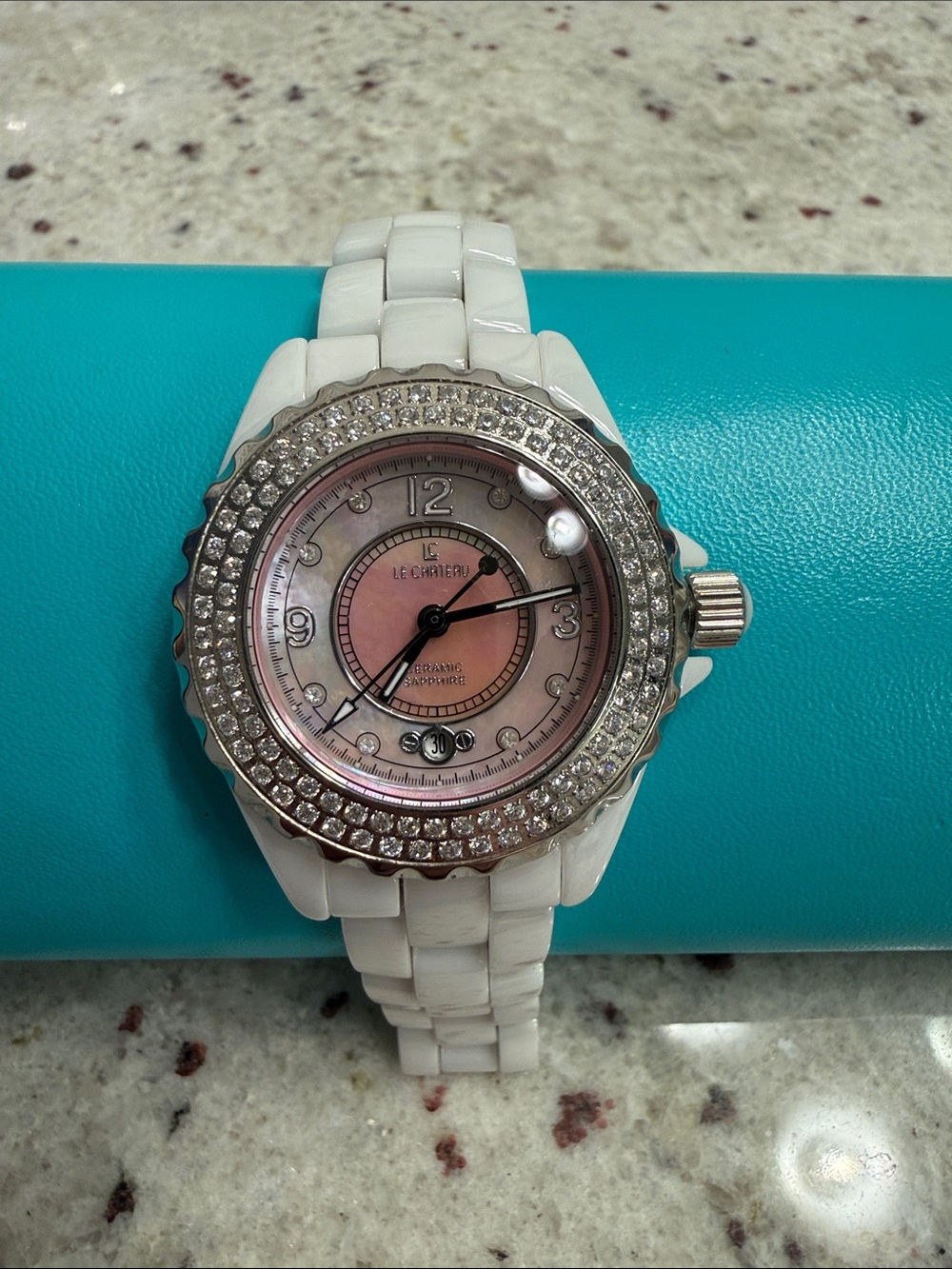 le chateau White Ceramic Watch with Pink Dial and Crystal Bezel